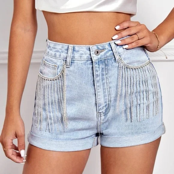 Rhinestone Jean Shorts - NWOT - Brand New - Medium - High Waisted. - Picture 2 of 3